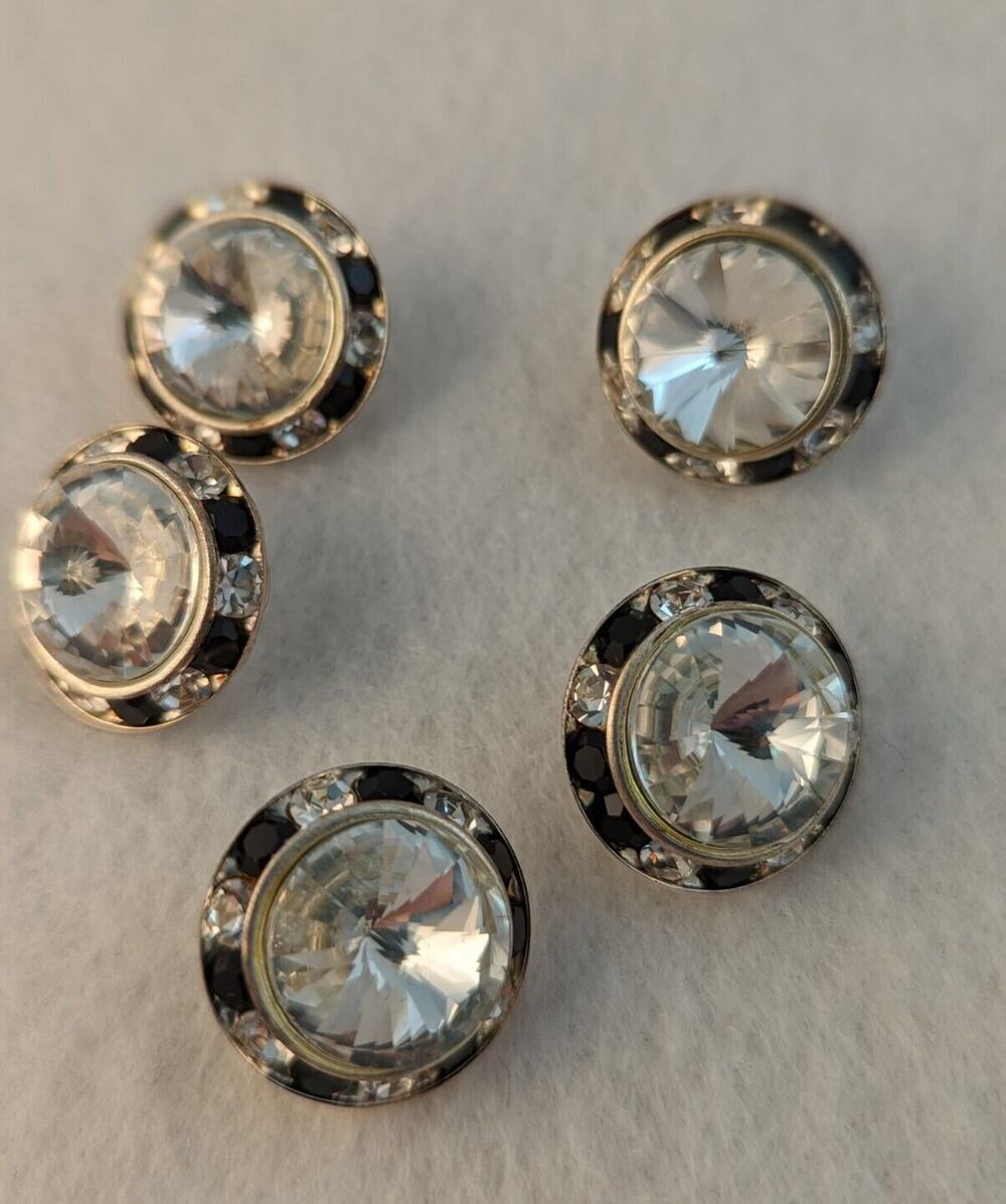 Vintage Rhinestone Buttons 5 Clear And Black Between 7/8" and 1" EVUC See Photos